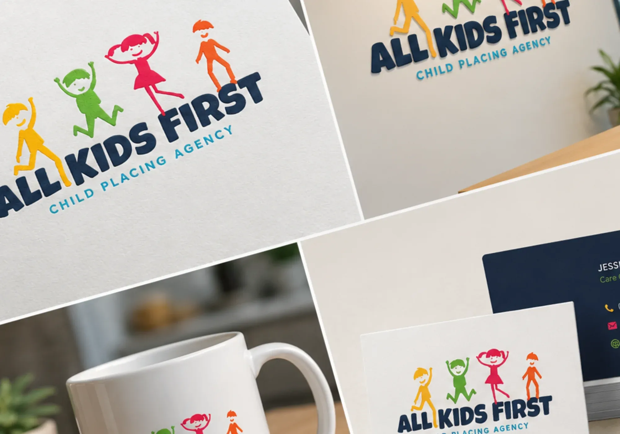 The All Kids First brand system: the colorful children logo across signage, a mug, and business cards