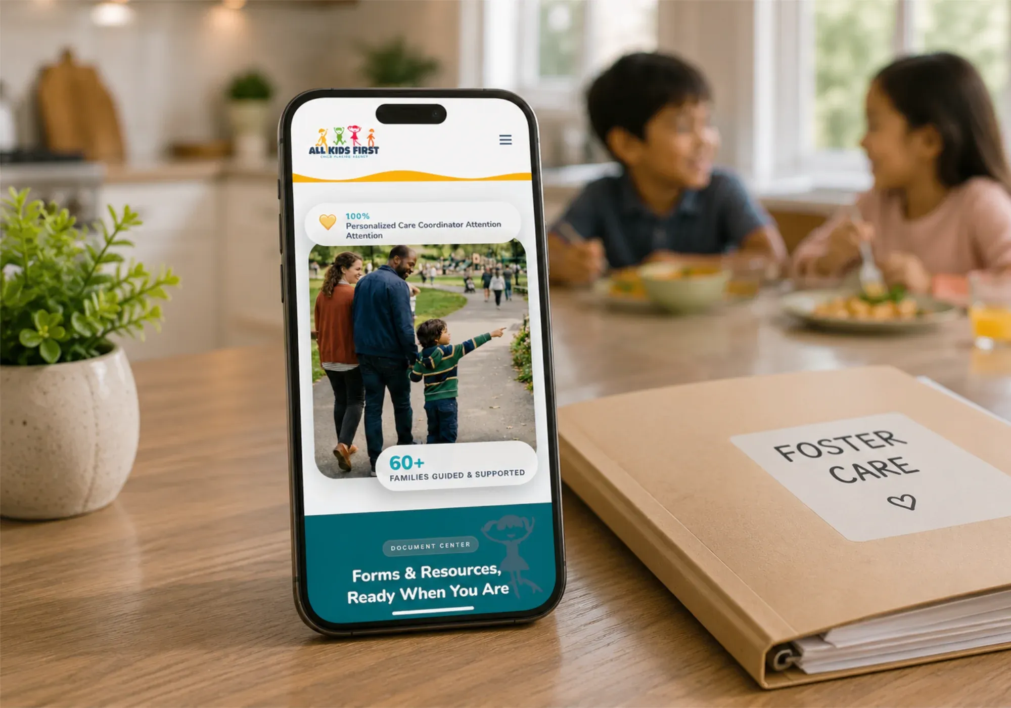 The All Kids First website on a mobile phone, showing family support stats and a document center
