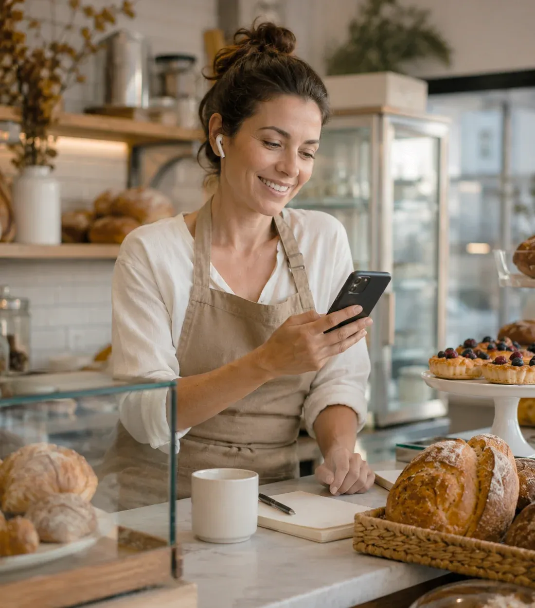 A smiling bakery owner reviewing her brand on a phone behind the counter of her shop