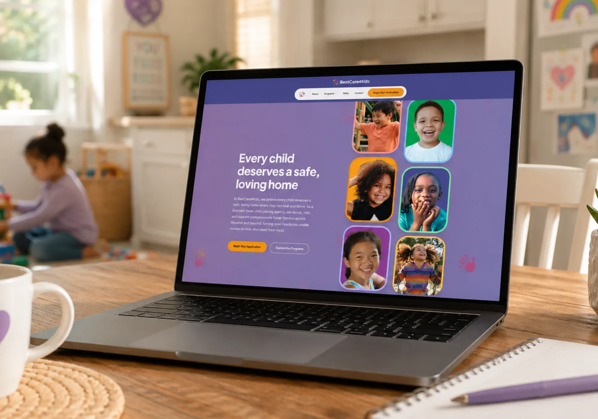 The Best Care 4 Kids website on a laptop, with the hero message that every child deserves a safe, loving home