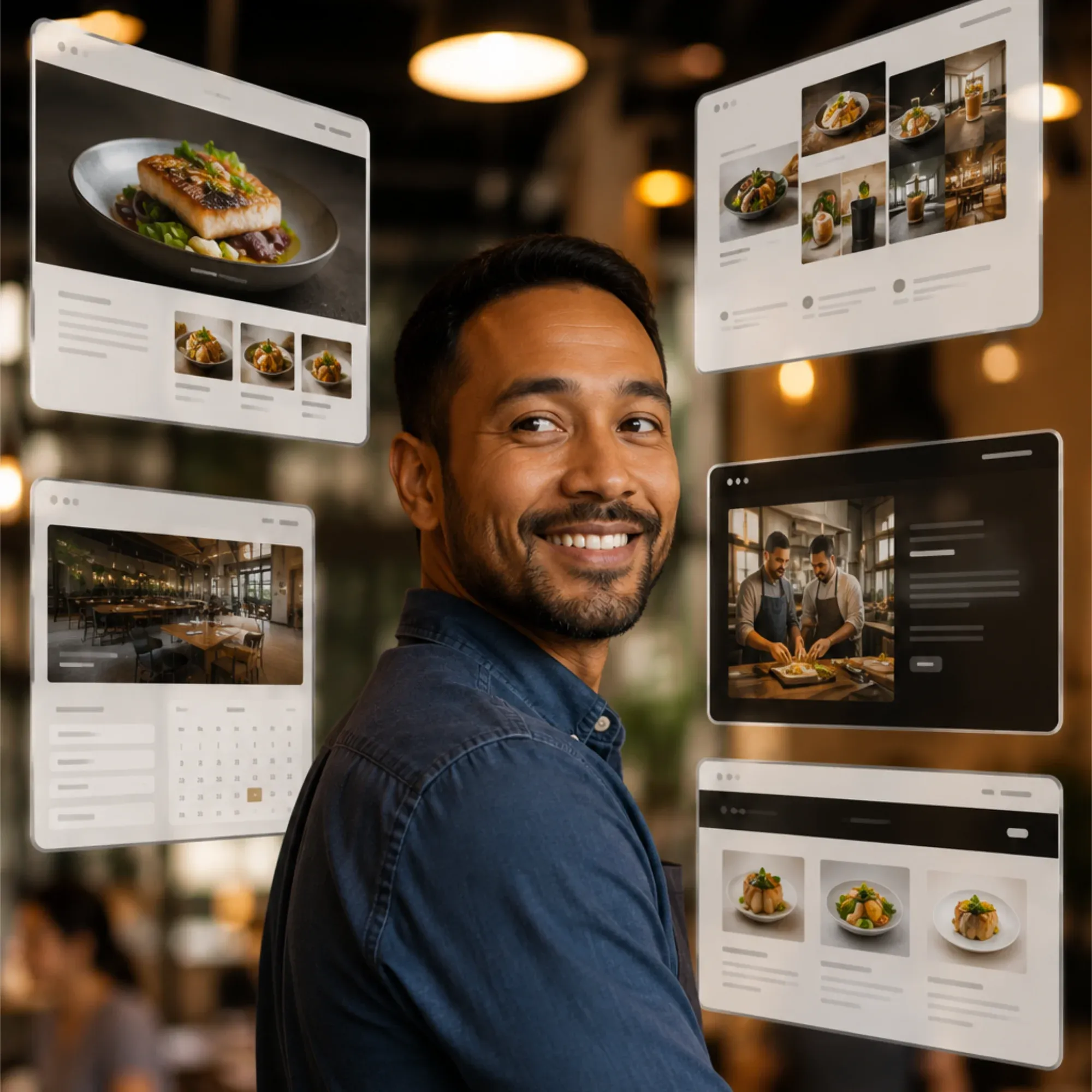 A smiling restaurant owner surrounded by floating mockups of their custom website design