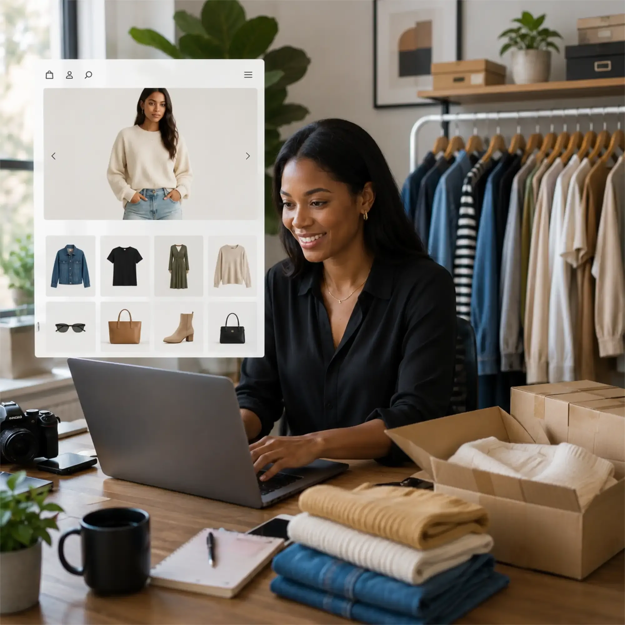 A boutique clothing store owner managing her online storefront on a laptop, with a rack of apparel and shipping boxes behind her