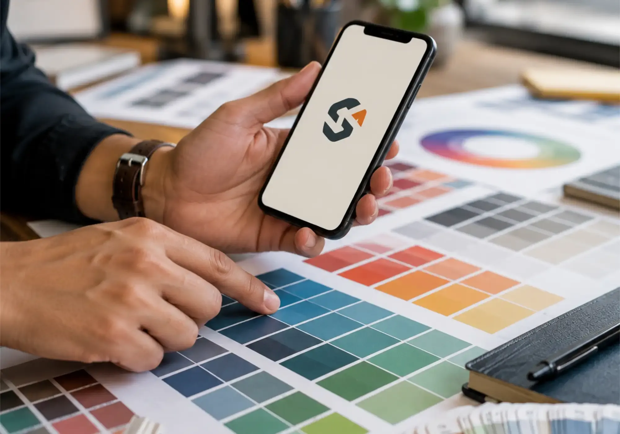 A Square designer reviewing colour swatch sheets while holding a phone showing the Square logo