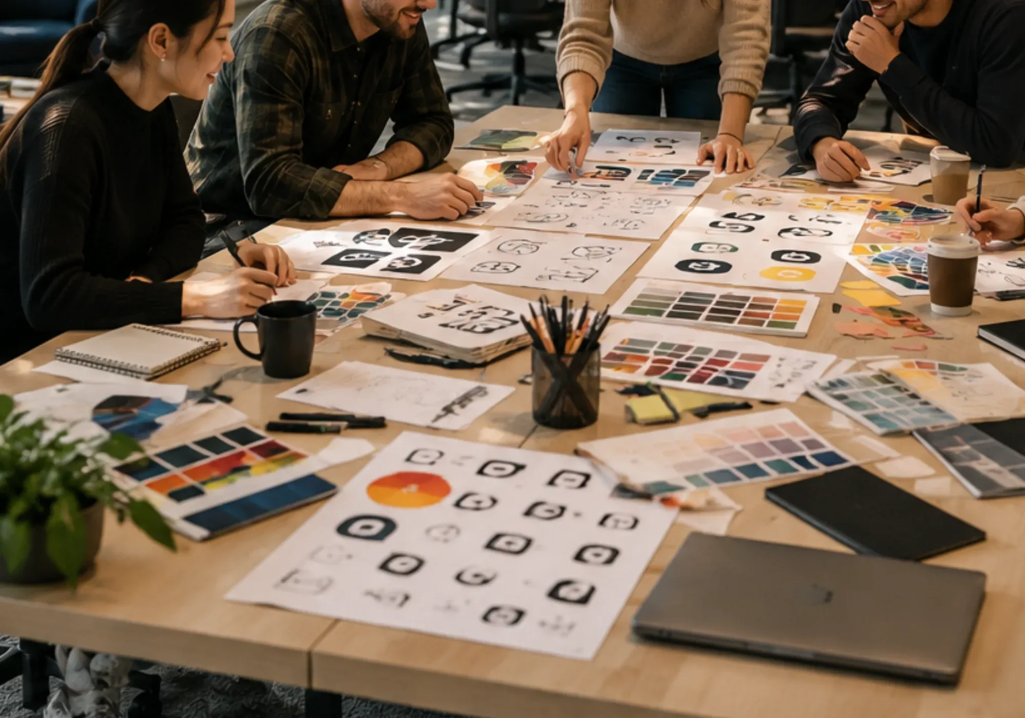 The Square creative team gathered around a table covered with logo sketches, color palettes, and design explorations.