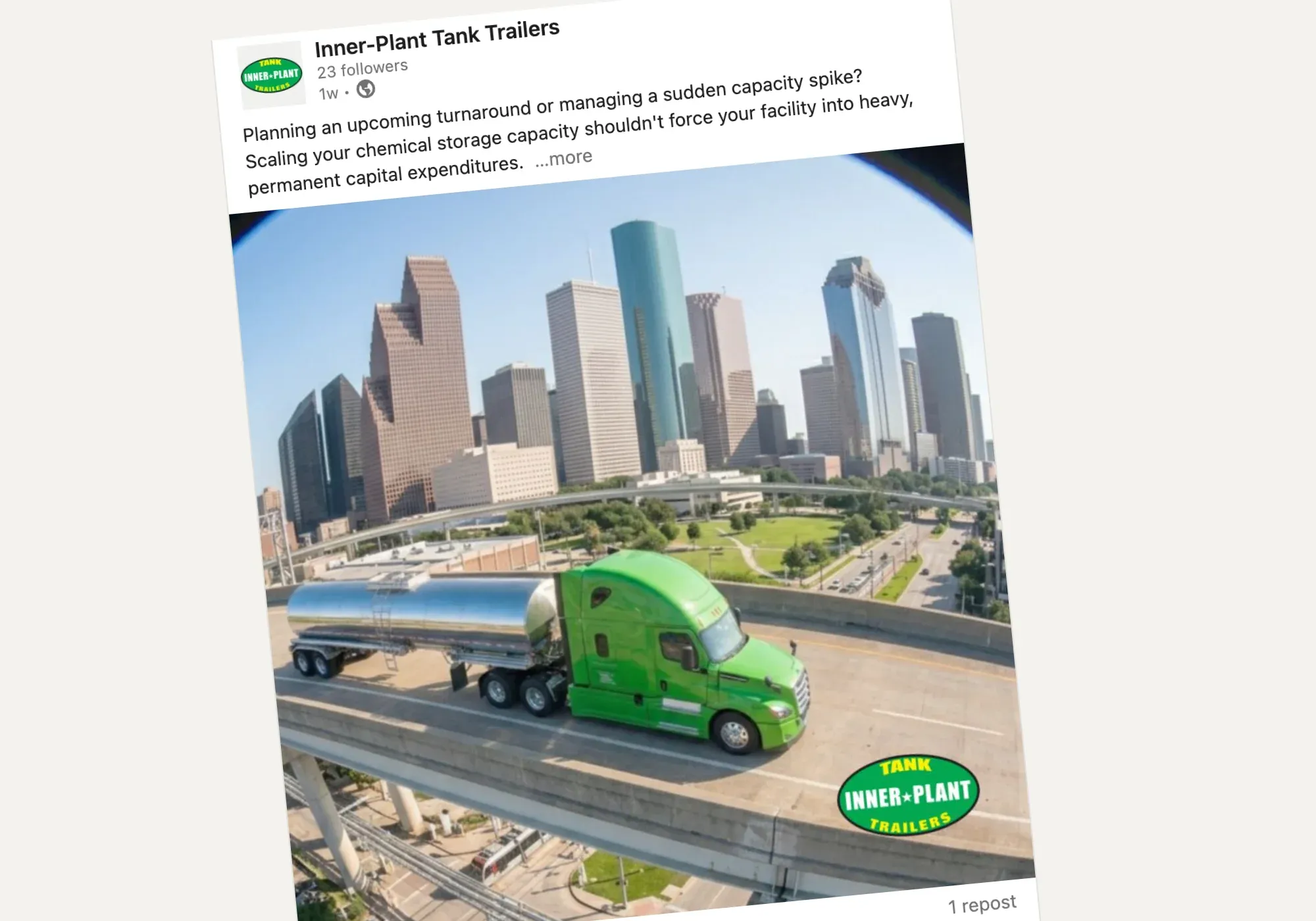 An Inner-Plant Tank Trailers social media post featuring a branded tank trailer on a Houston highway