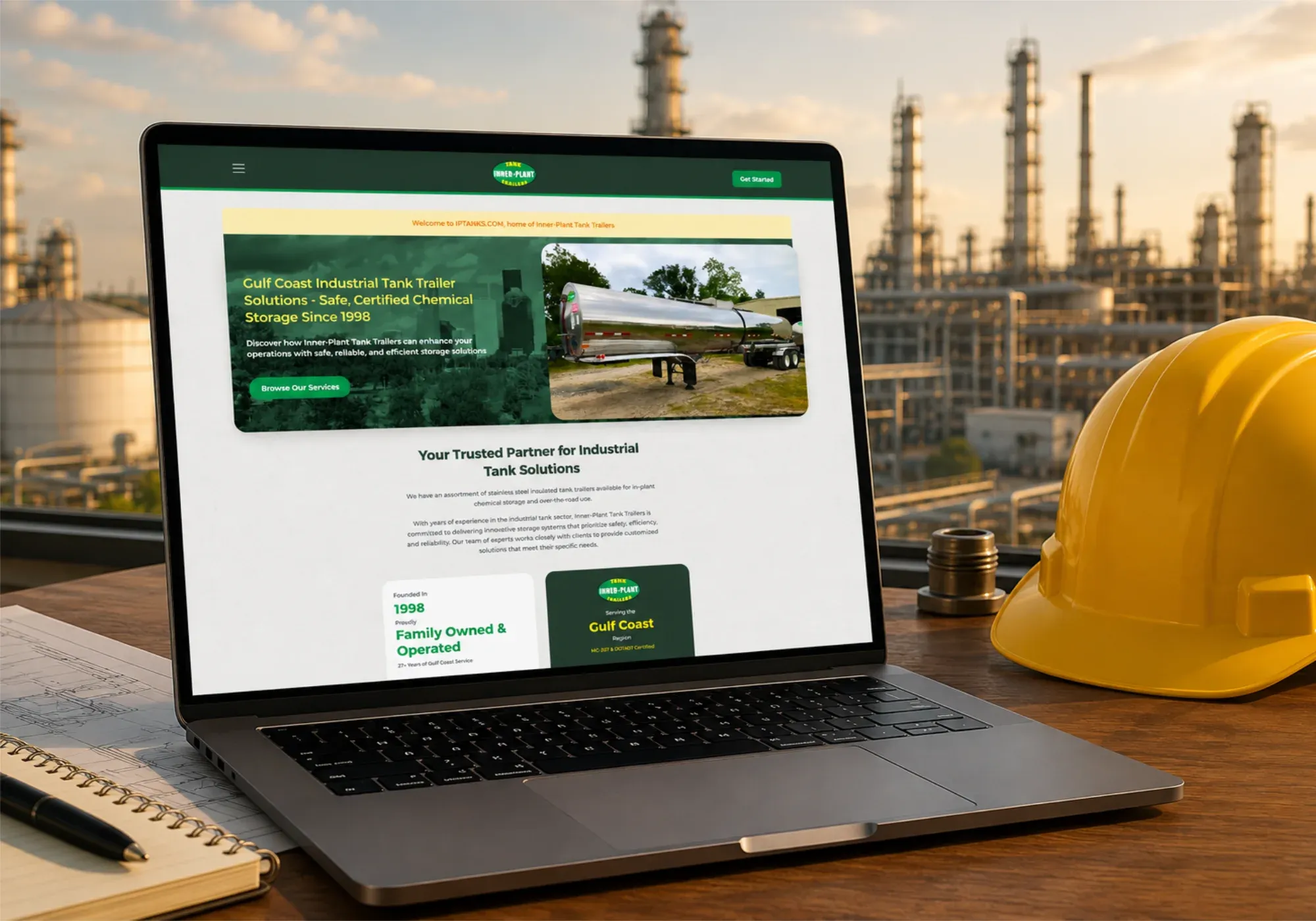 The Inner-Plant Tank Trailers website on a laptop, showcasing Gulf Coast industrial tank trailer solutions