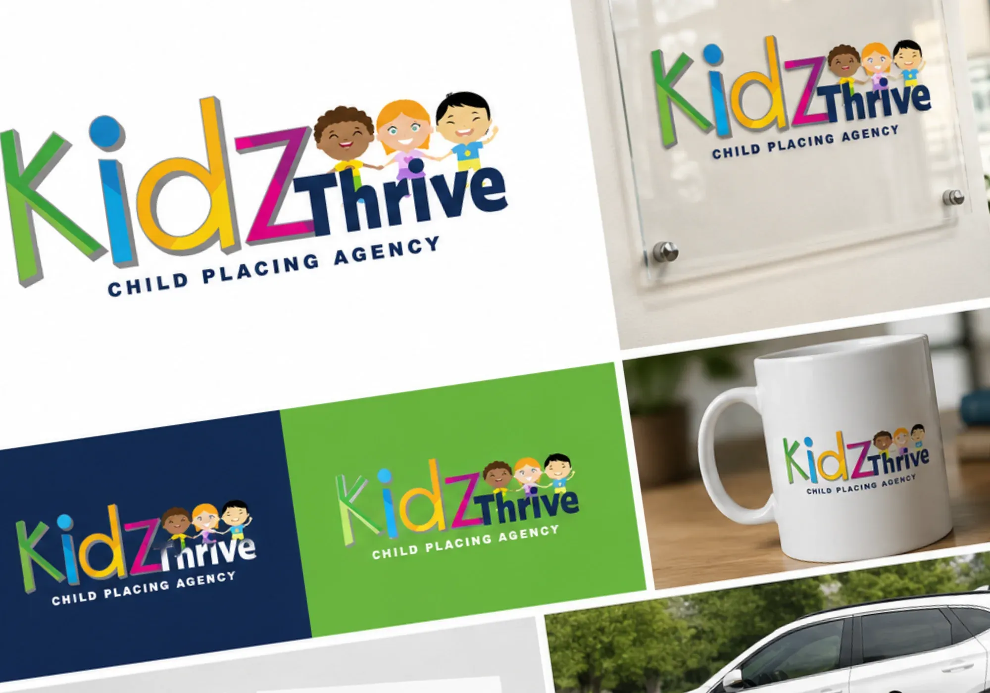 The Kidz Thrive brand system: the colorful KidzThrive logo across signage, a mug, and print