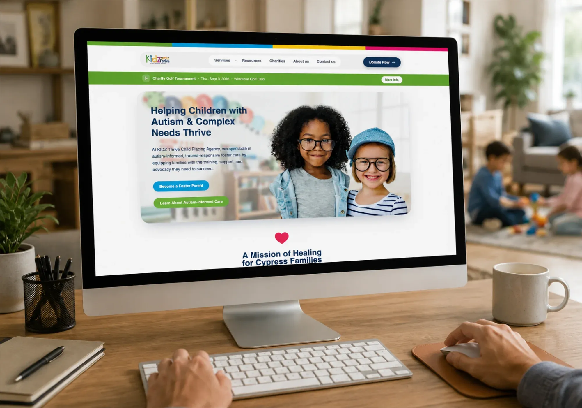 The Kidz Thrive website on a desktop monitor, with the headline “Helping Children with Autism & Complex Needs Thrive”