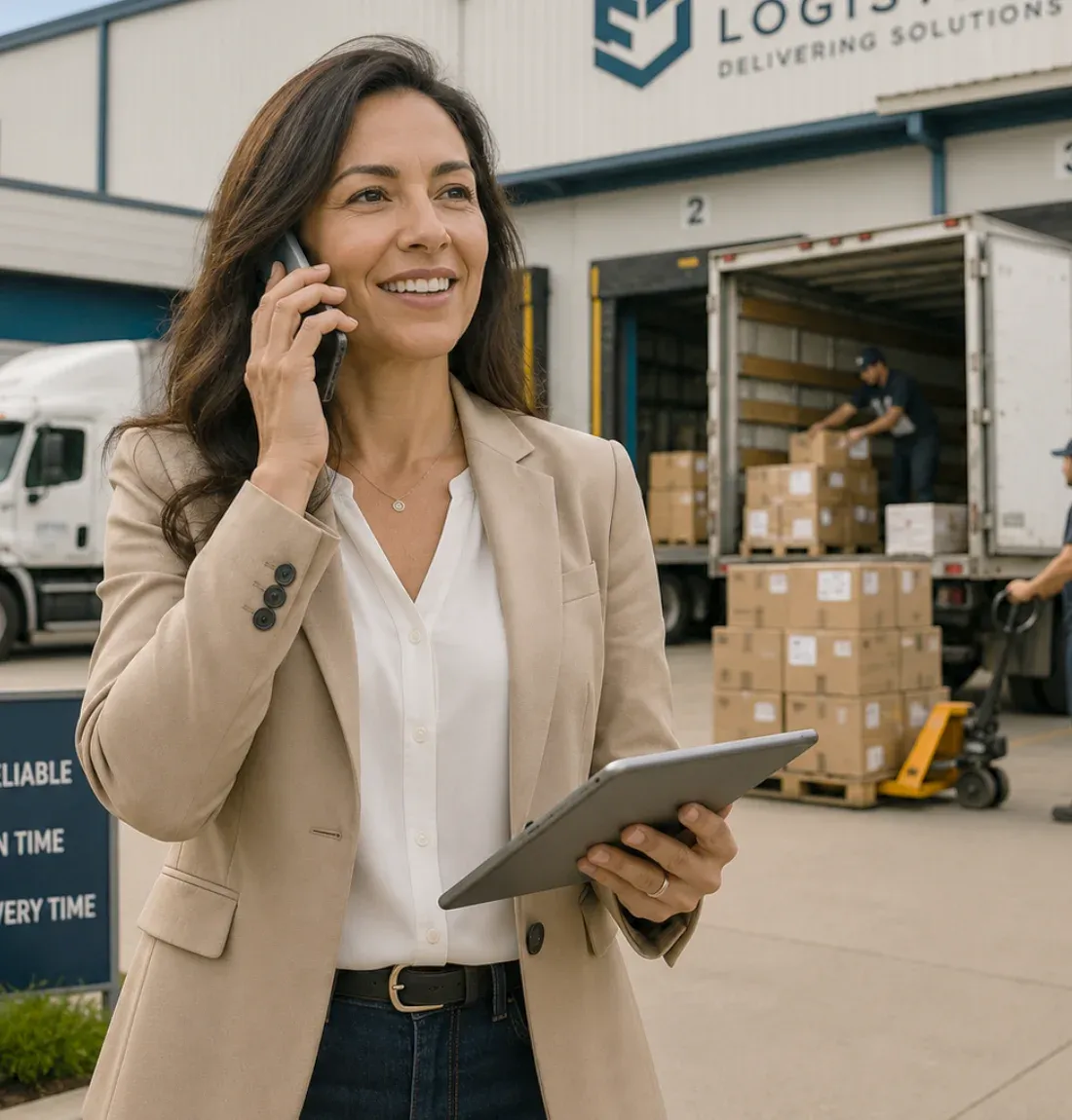 A small business owner on a call outside her branded logistics facility, tablet in hand