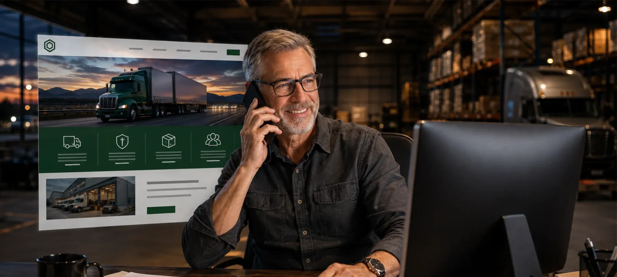A small business owner on a call at his warehouse desk beside a mockup of his company's new website