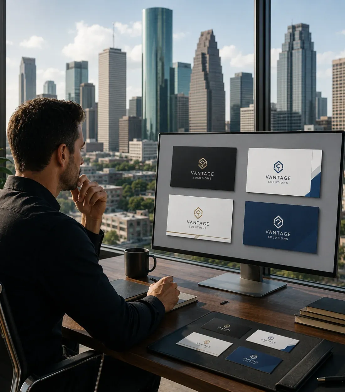 A business owner reviewing professional logo concepts for their brand on a monitor, with the Houston skyline behind them