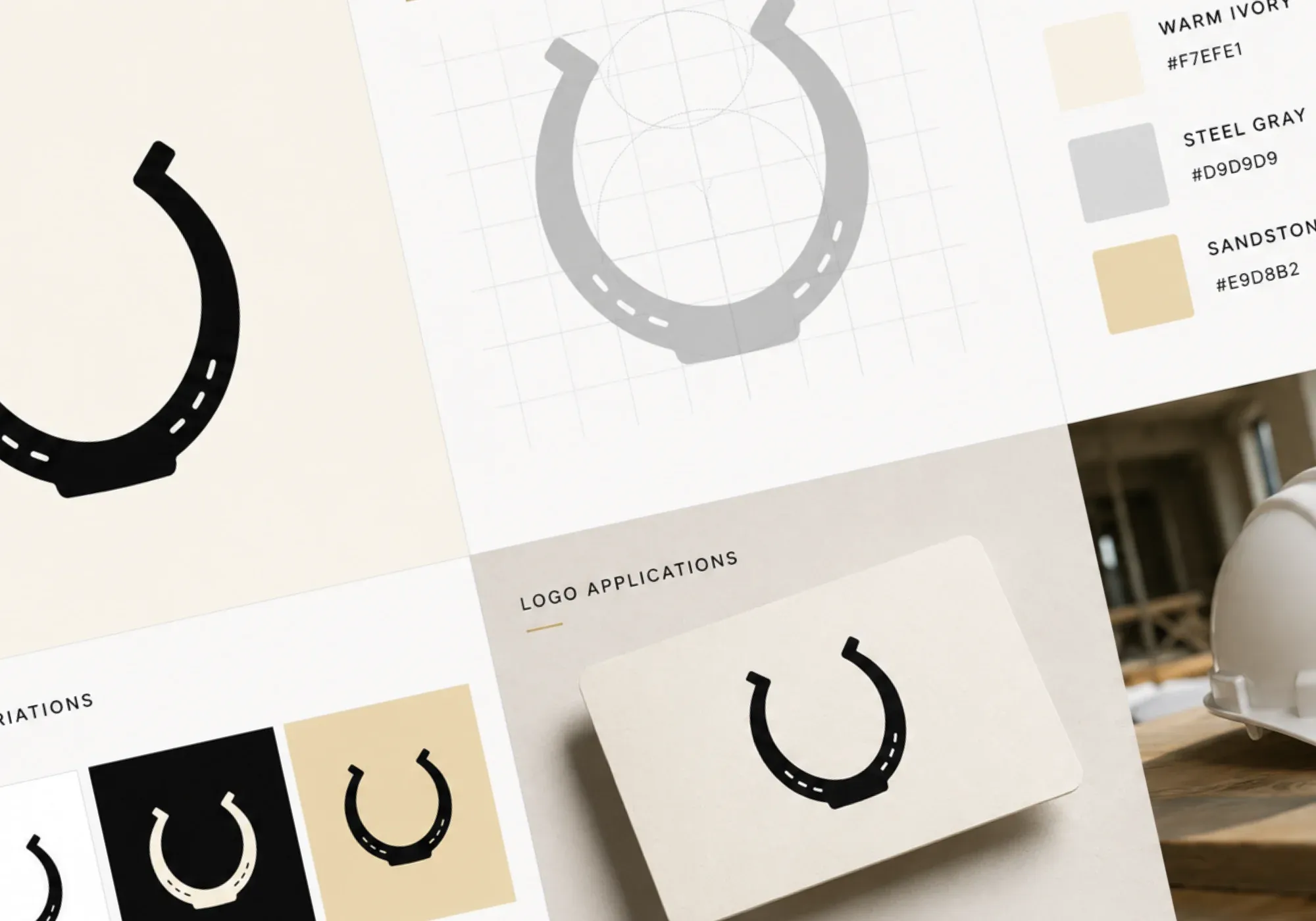The Made Electric brand system: logo construction grid, color palette, and logo applications