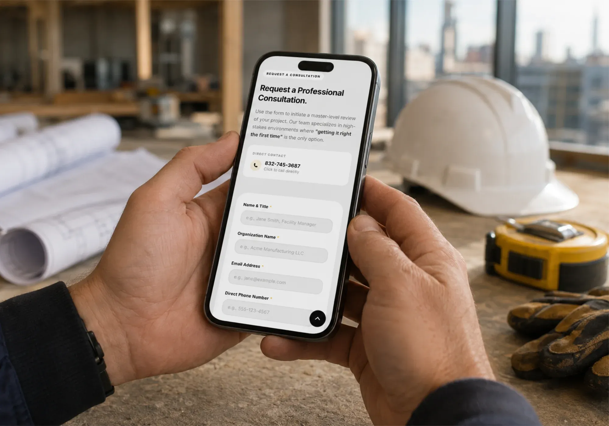 The Made Electric website consultation request form displayed on a mobile phone