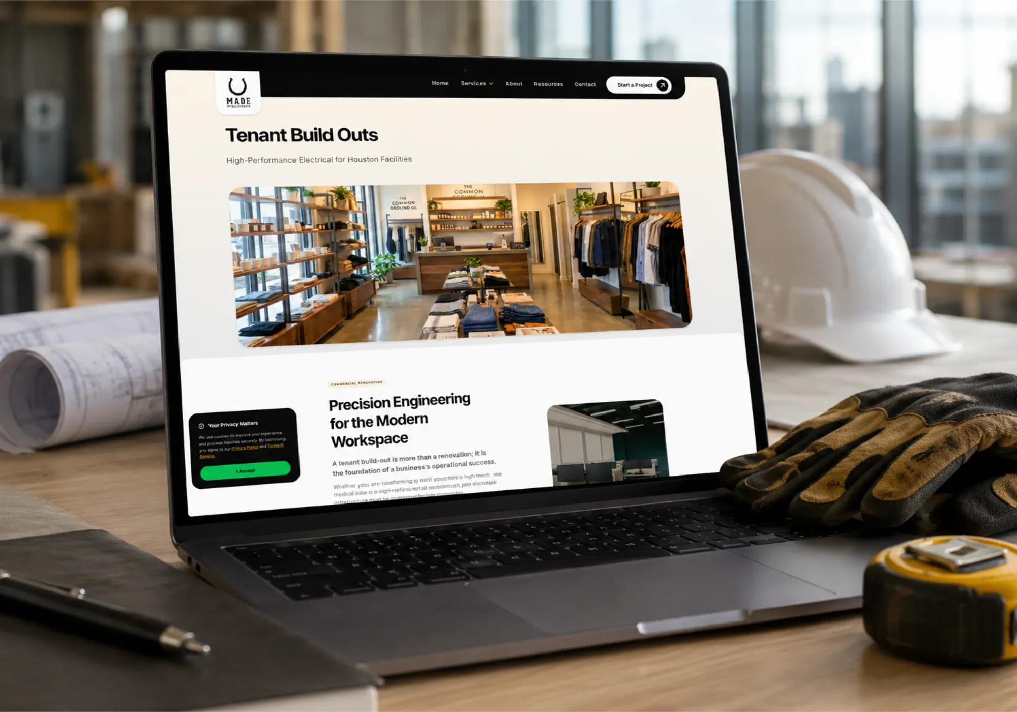 The Made Electric website shown on a laptop, featuring their commercial tenant build-out services