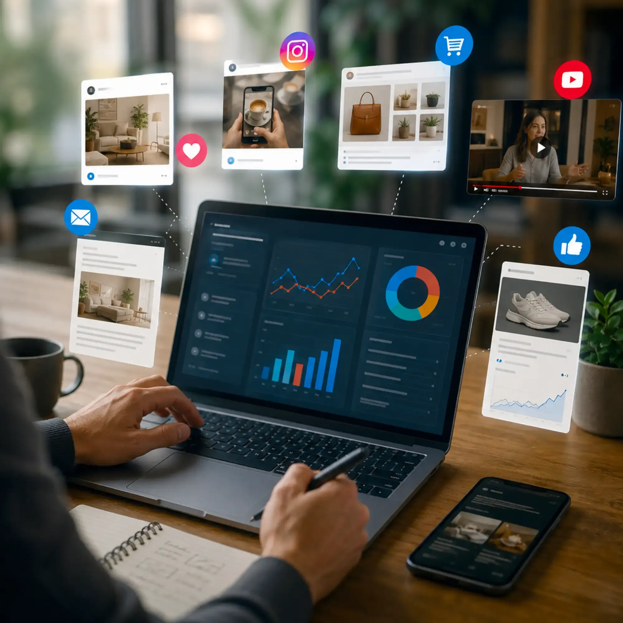 A business owner reviewing a marketing analytics dashboard on a laptop, surrounded by floating social media posts, product listings, and engagement icons