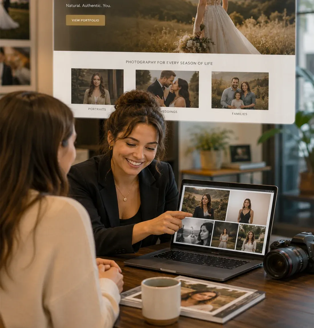 A photographer and small business owner reviewing portfolio images with a client, alongside a mockup of her custom photography website