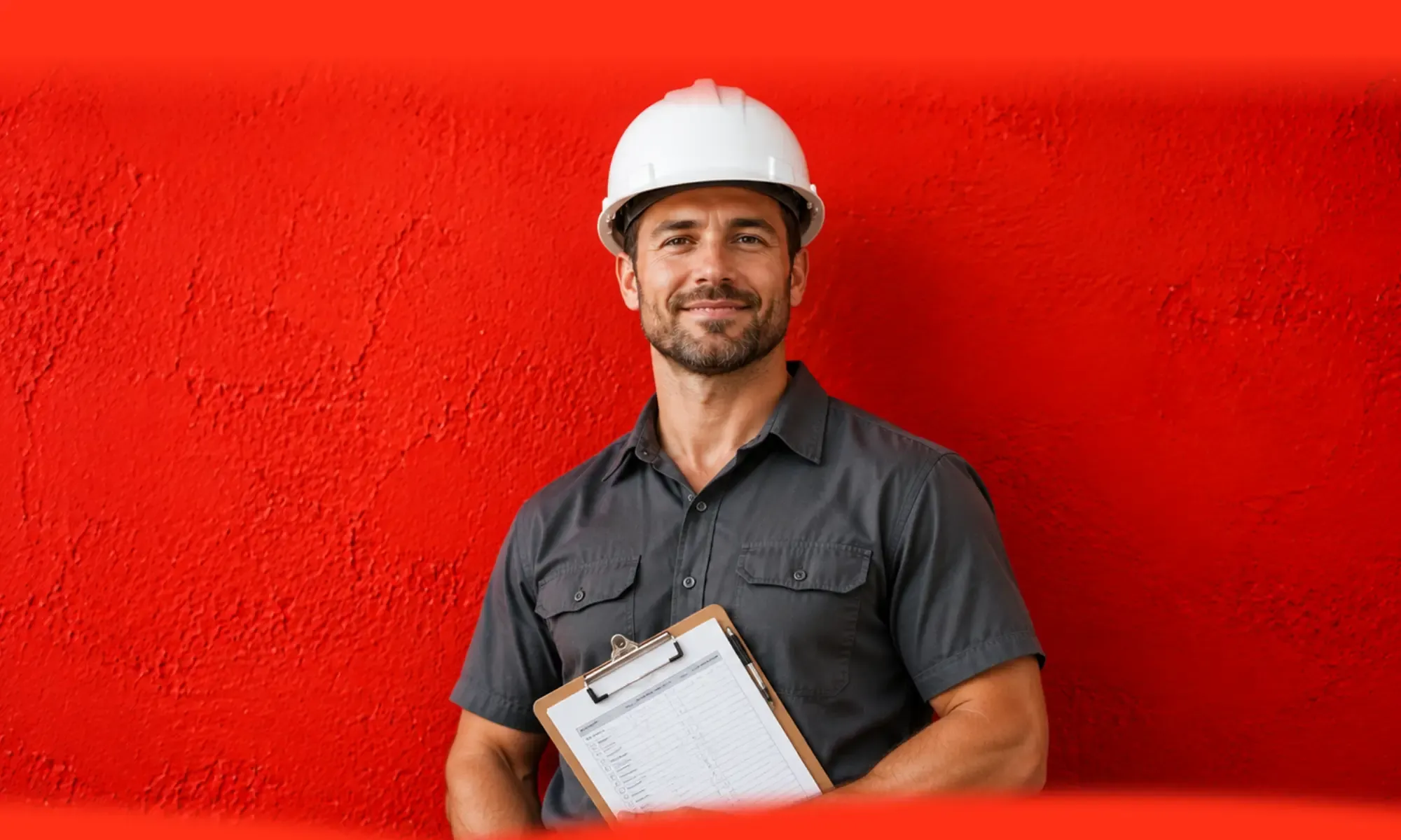 A confident tradesperson in a hard hat holding a project clipboard against a bold red wall