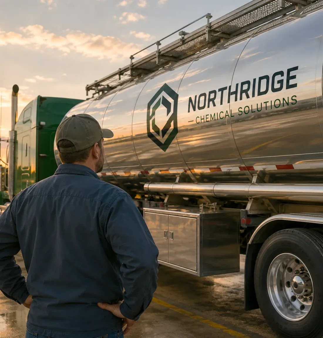A business owner viewing their custom brand identity applied to a company tanker truck at sunset