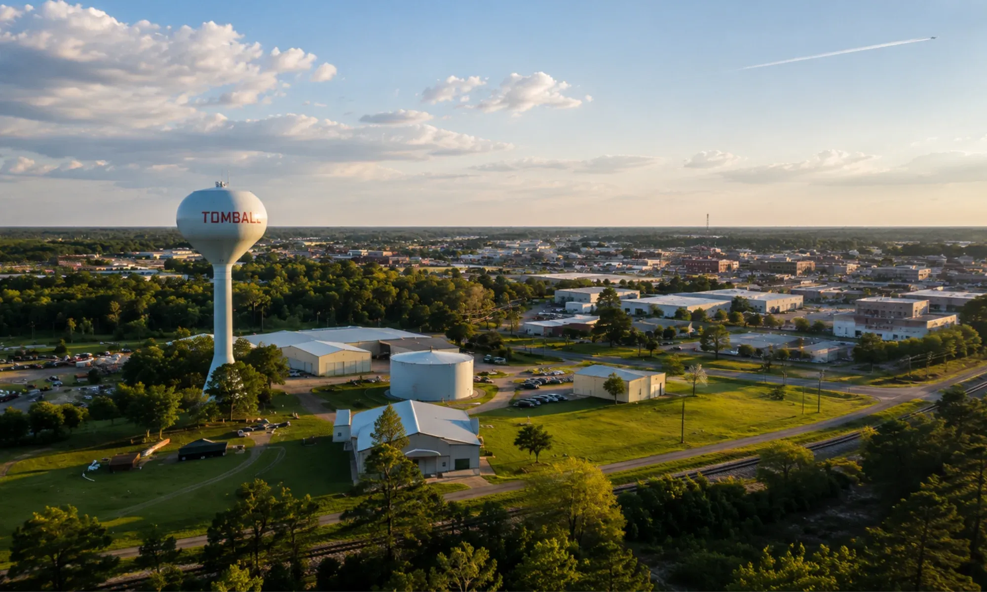 Aerial view of Tomball, Texas at golden hour with the iconic TOMBALL water tower