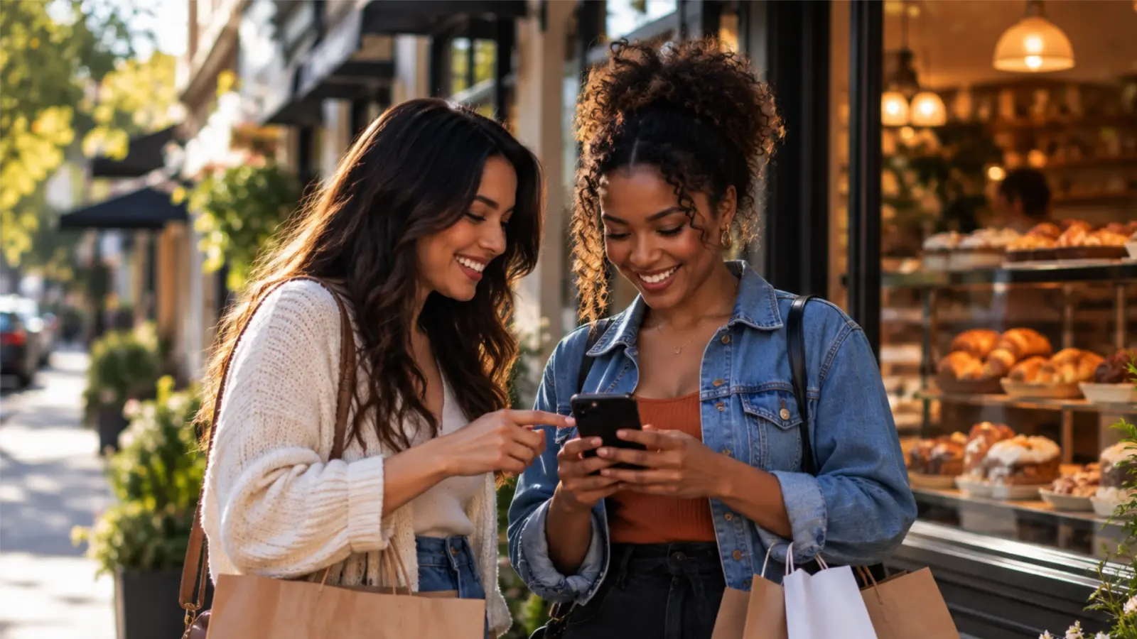 Two shoppers looking up a new business online while walking main street.