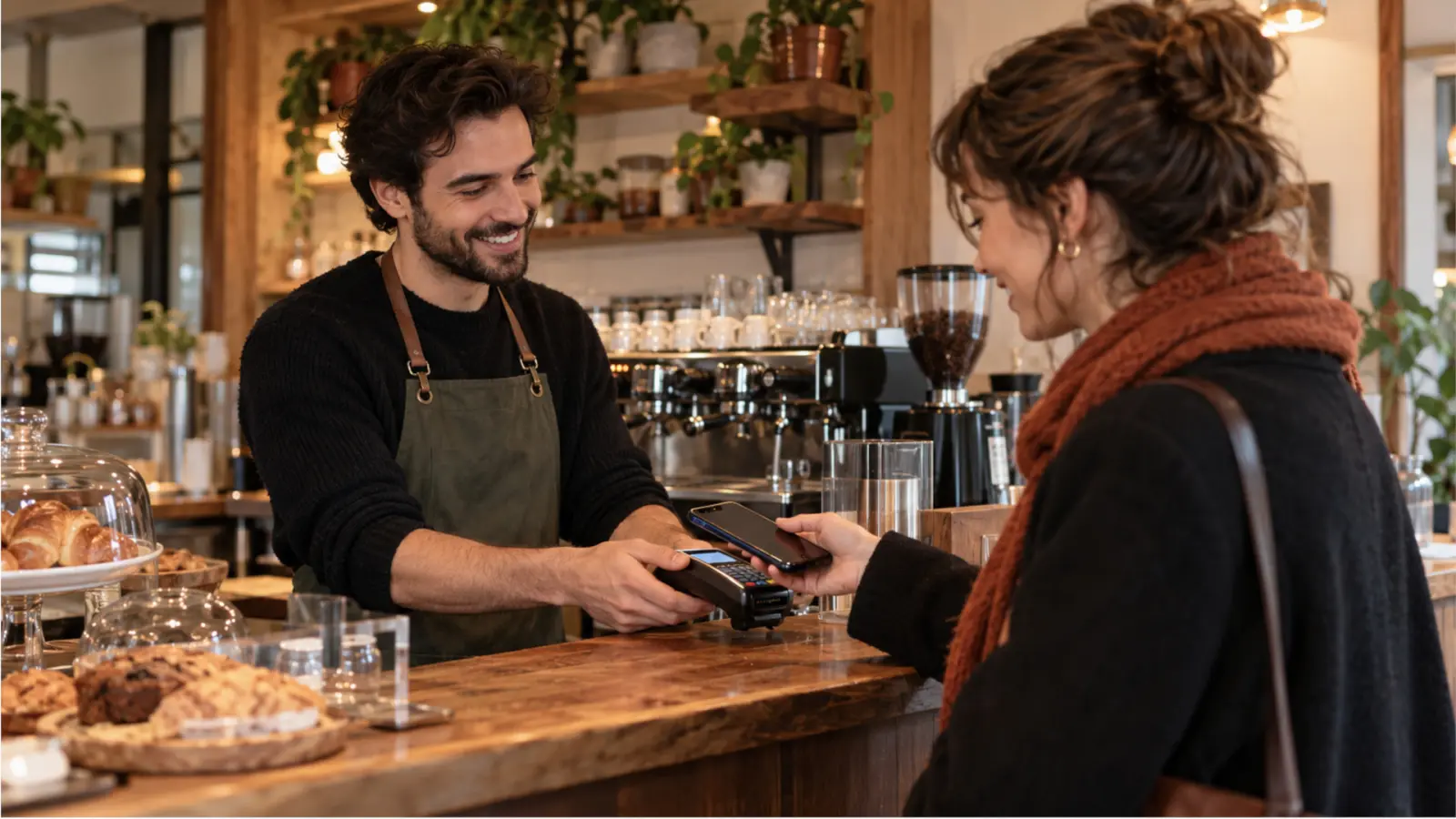 Coffee shop owner, checking out a customer at the register.